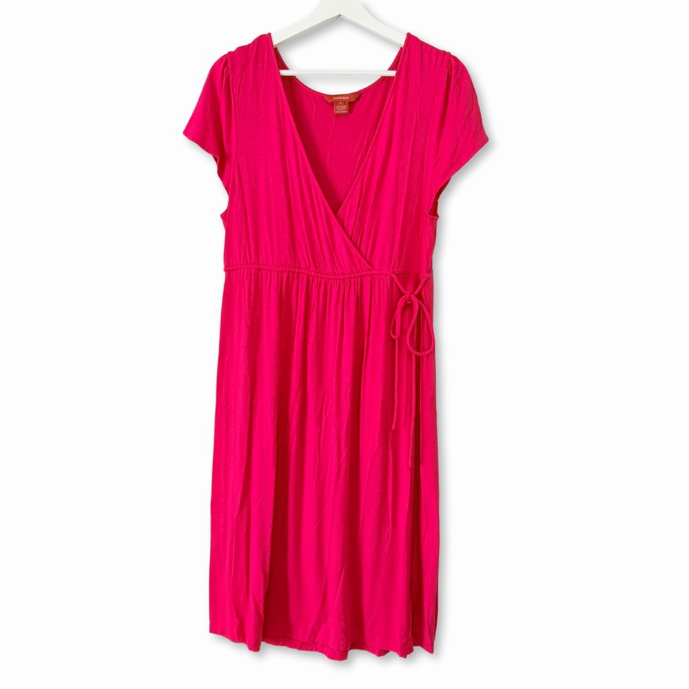Sundance Pink Faux Wrap V Neck Short Sleeve Dress Large